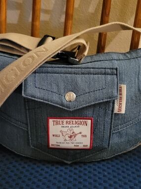 True Religion Denim Messenger Bag in Blue with Beige Strap